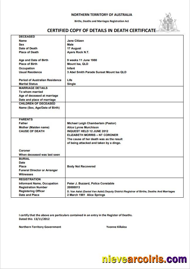 Australia Northern Territory of Australia death certificate